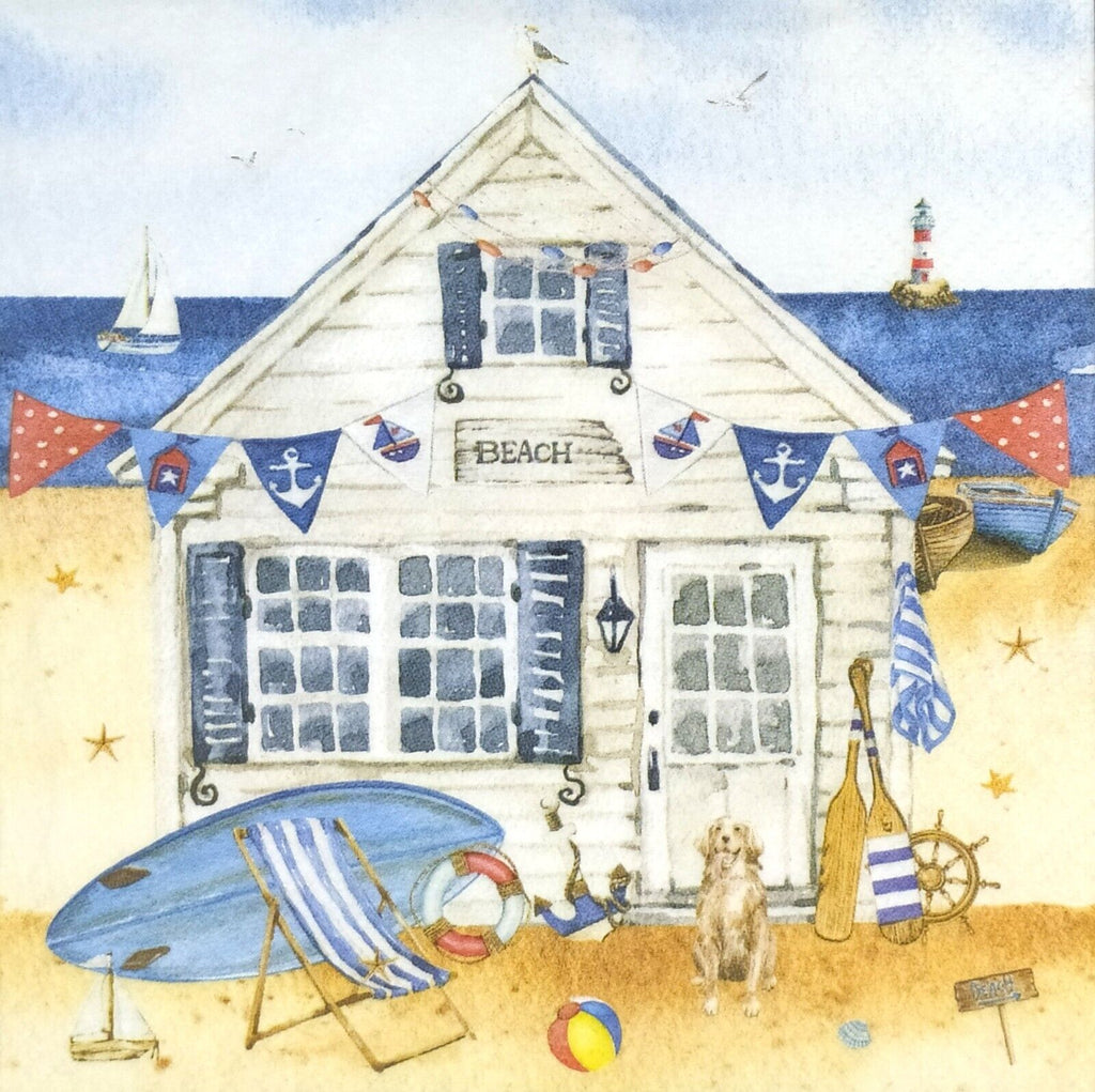 Beach house with nautical theme, dog and beach chair by oceanside. European Decoupage Craft Paper Napkins.