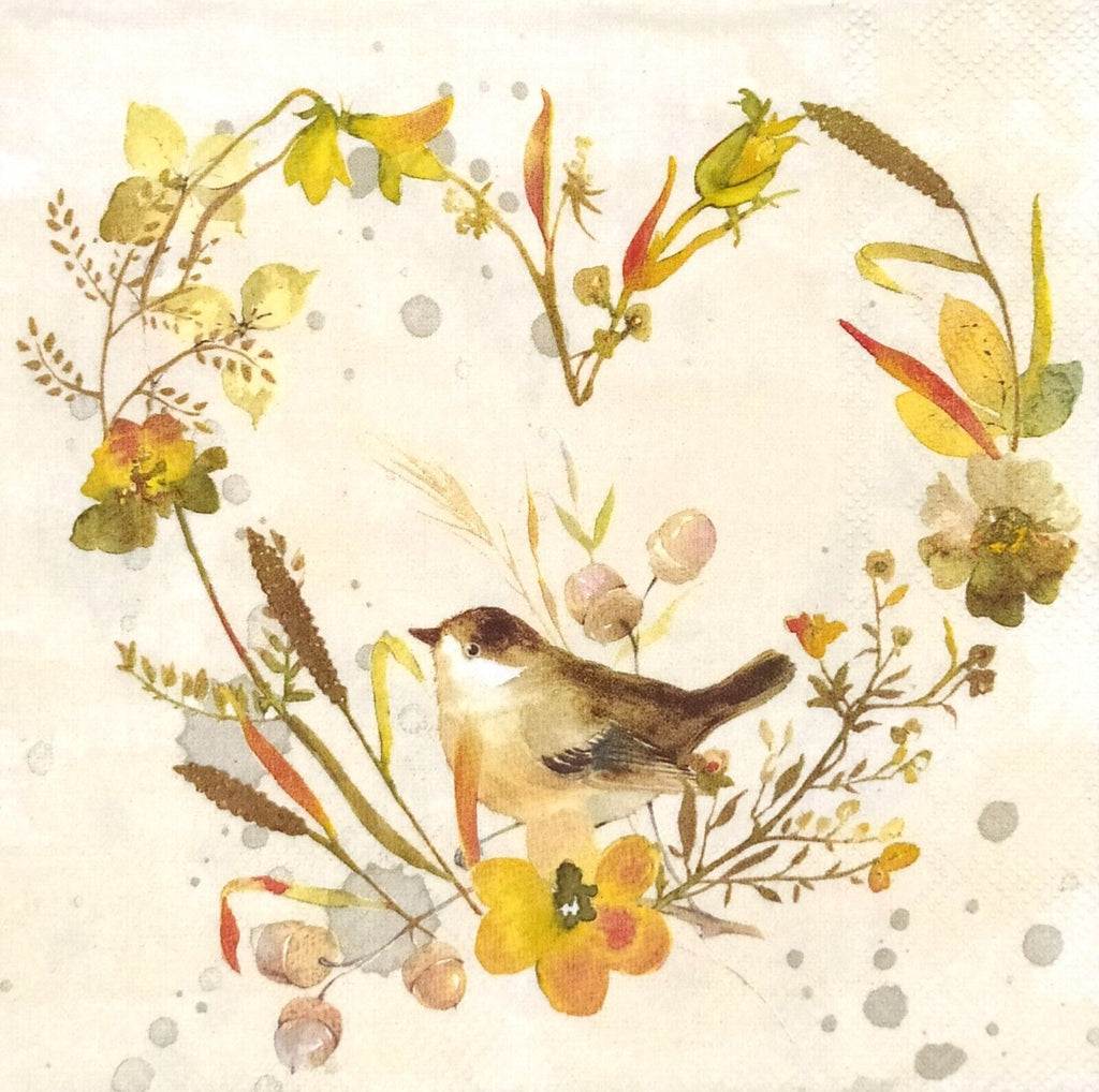 Brown bird on Fall wreath with yellow flowers and pale green leaves. European Decoupage Craft Paper Napkins.