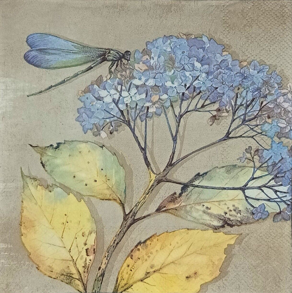 Blue dragonfly on blue hydrangea with leaves. European Decoupage Craft Paper Napkins.