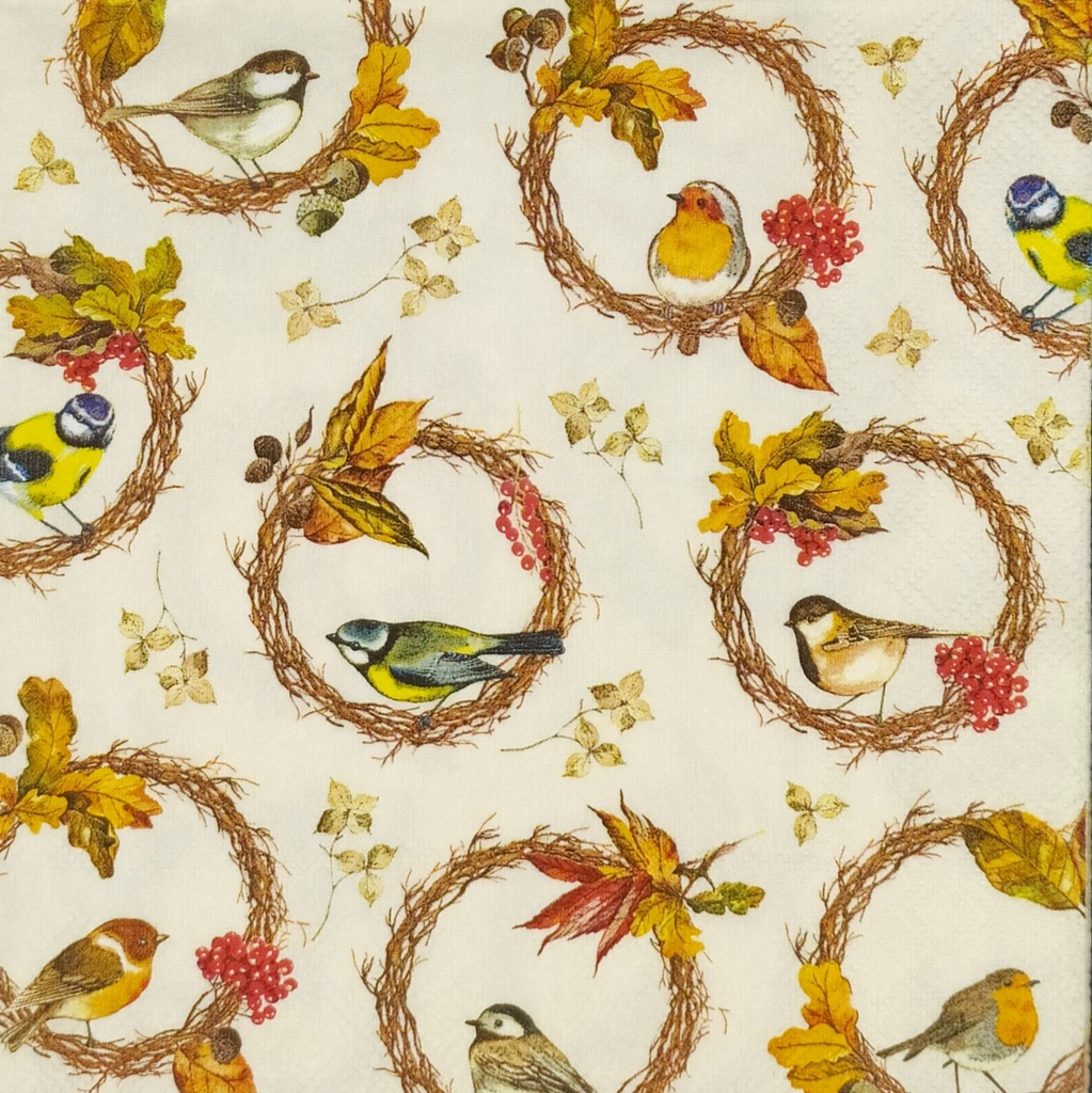 Repeat pattern of birds in stick wreath with leaves. European Decoupage Craft Paper Napkins.