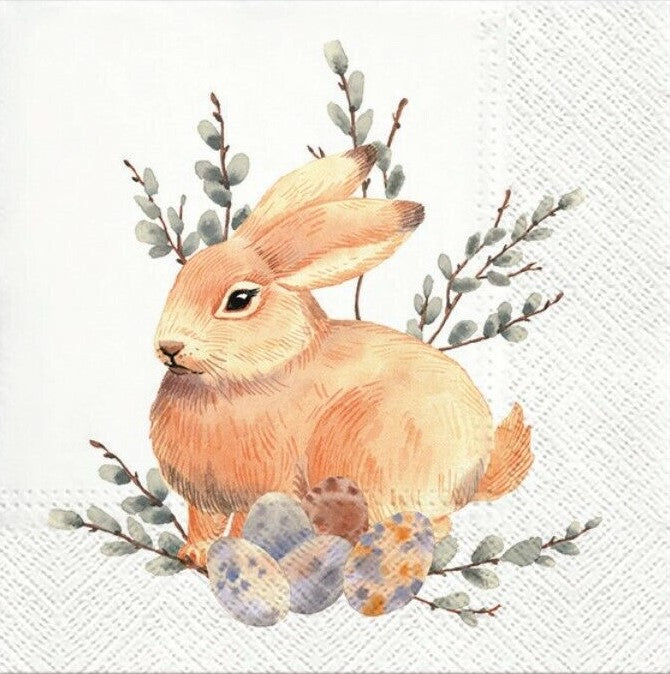 Tan rabbit with eggs and greenery. European Decoupage Craft Paper Napkins.