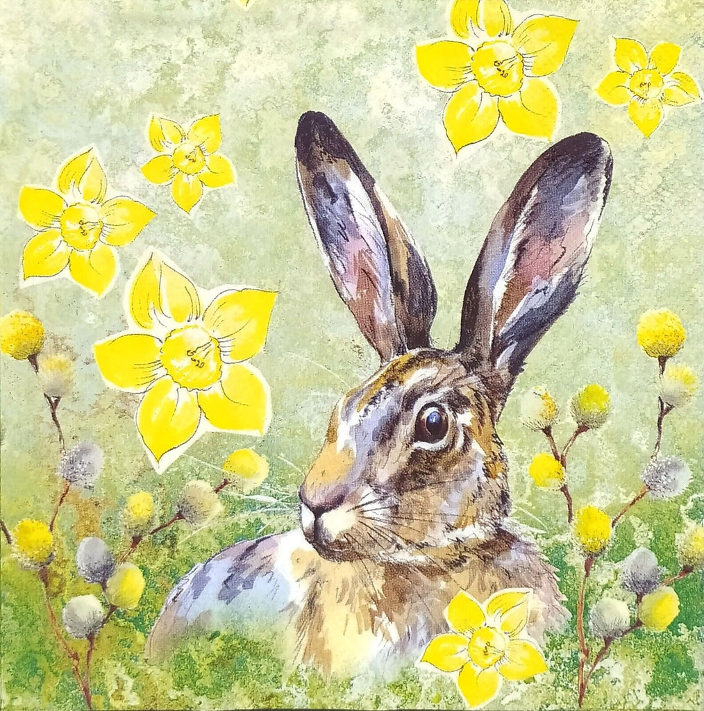Brown bunny in field of yellow flowers. European Decoupage Craft Paper Napkins.