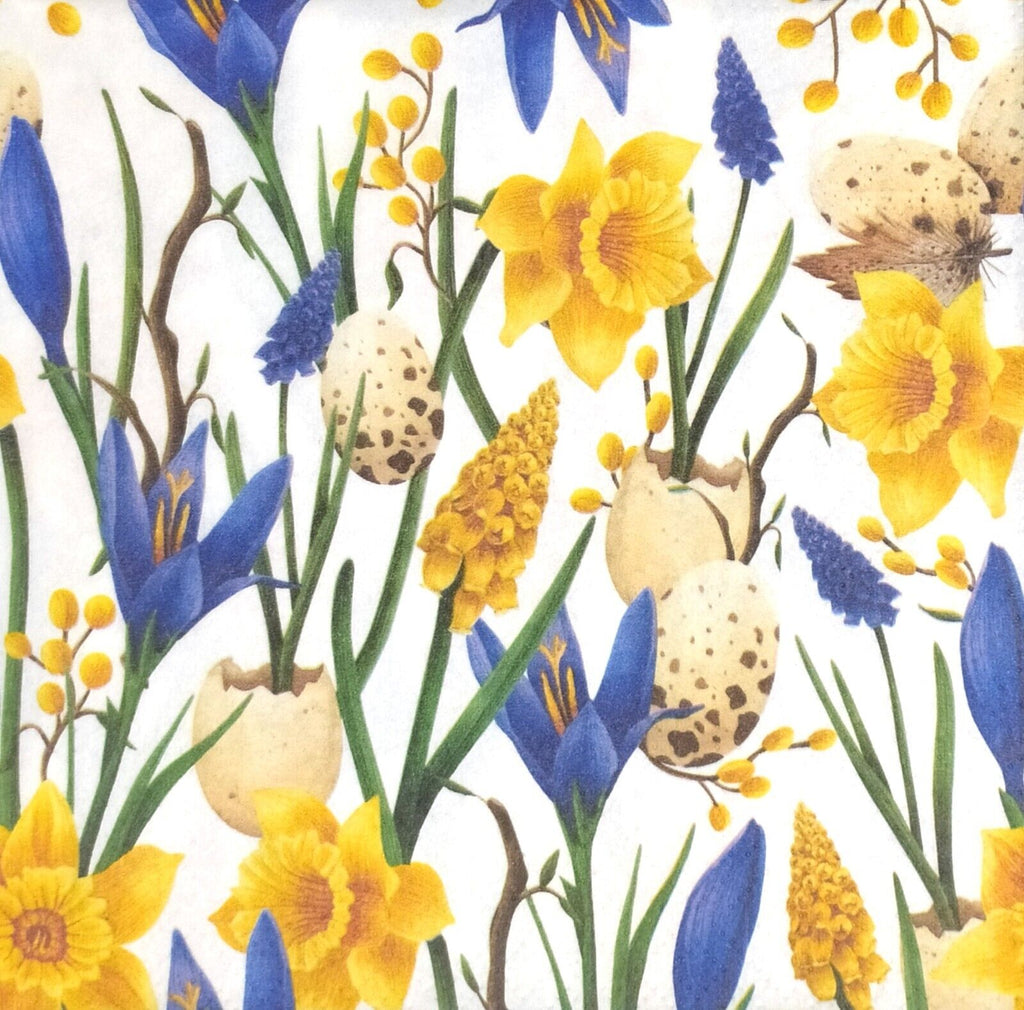 Yellow daffodils and blue muscari flowers. European Decoupage Craft Paper Napkins.