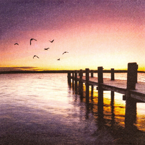Dock on water at sunrise. Pink and orange colored sky with birds. Decoupage Paper Napkins for Collage and crafts.