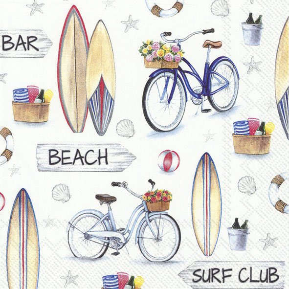 Repeat pattern of beach bike and surf boards. Decoupage Paper Napkins for Collage and crafts.