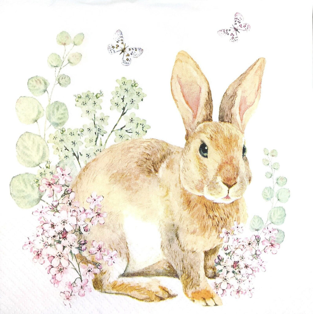 Brown rabbit in pink and green florals. Decoupage Paper Napkins for Collage and crafts.