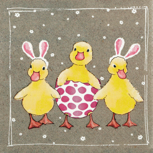 3 Yellow ducks wearing pink bunny ears. One in spotted pink egg. Decoupage Paper Napkins for Collage and crafts.