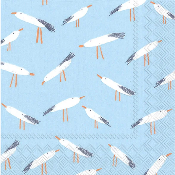 Repeat pattern of whimsical Seagulls on light blue background. Decoupage Paper Napkins for Collage and crafts.