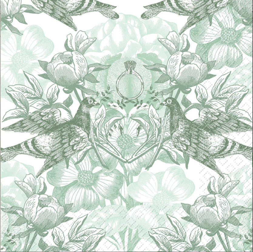 Ornate green and white florals with birds. Decoupage Paper Napkins for Collage and crafts.