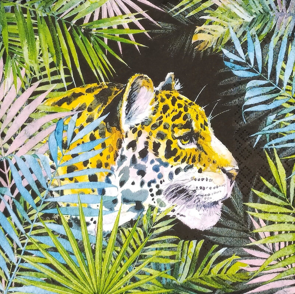Yellow spotted Jaguar in Tropical foliage. Decoupage Paper Napkins for Collage and crafts.