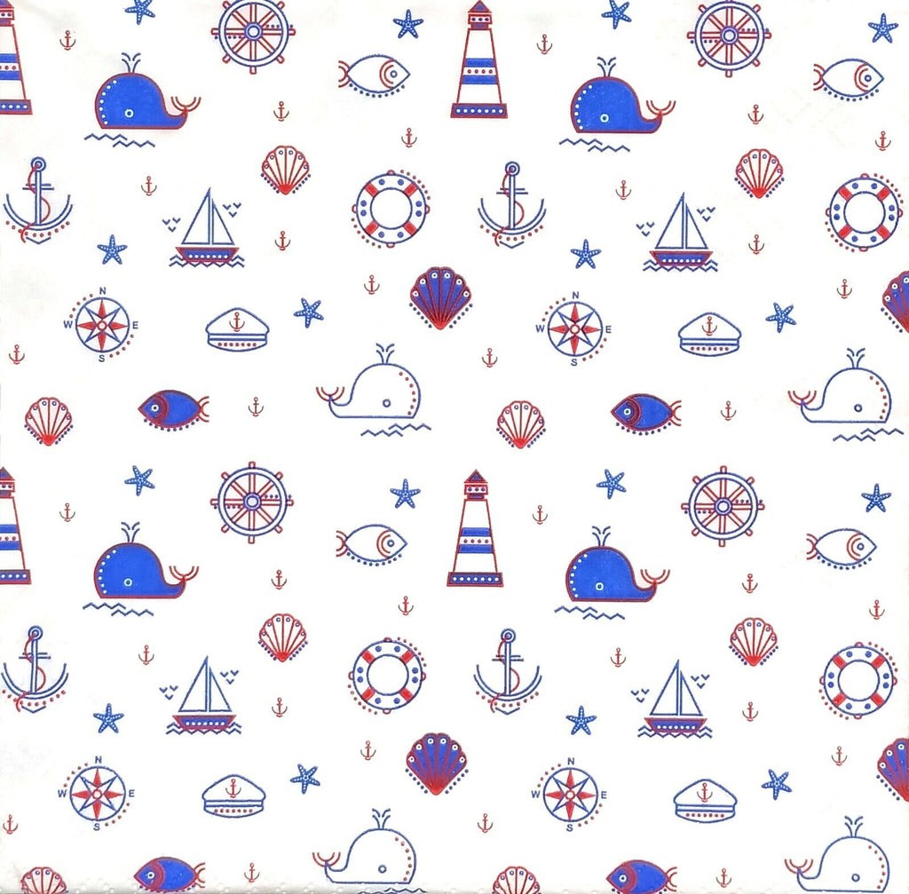 Small repeat pattern of fish, sailboats and lighthouses in red and blue. Decoupage Paper Napkins for Collage and crafts.