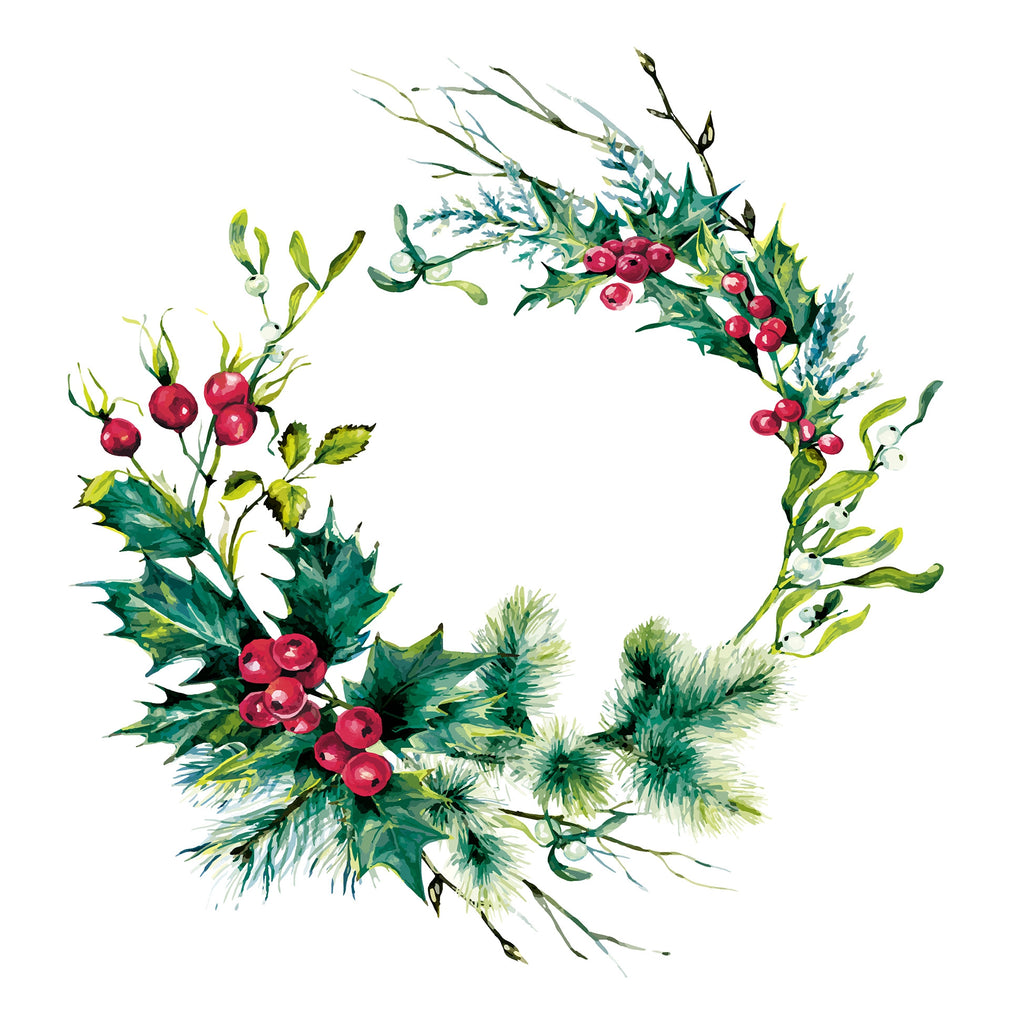 Green wreath with red berries. Decoupage Paper Napkins for Collage and crafts.