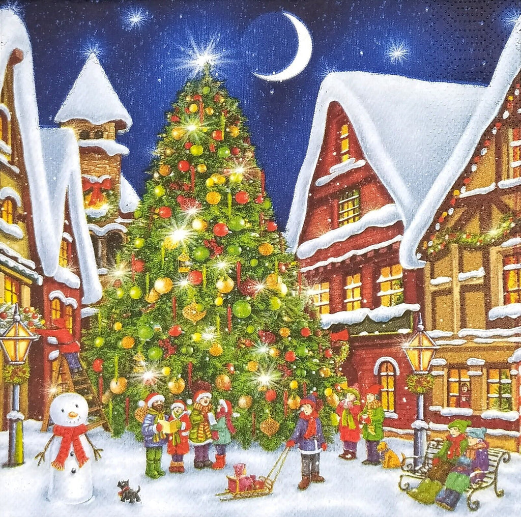 Nighttime town Christmas scene with large tree and carolers. Decoupage Paper Napkins for Collage and crafts.
