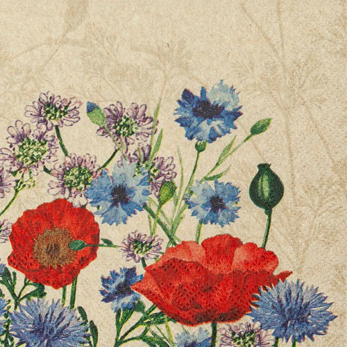 Red Poppies and blue and purple flowers. Decoupage Paper Napkins for Collage and crafts.