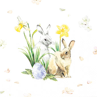 Two grey bunnies with yellow daffodil flowers. Decoupage Paper Napkins for Collage and crafts.