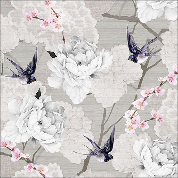 White blossoms with birds on gray Decoupage Napkins