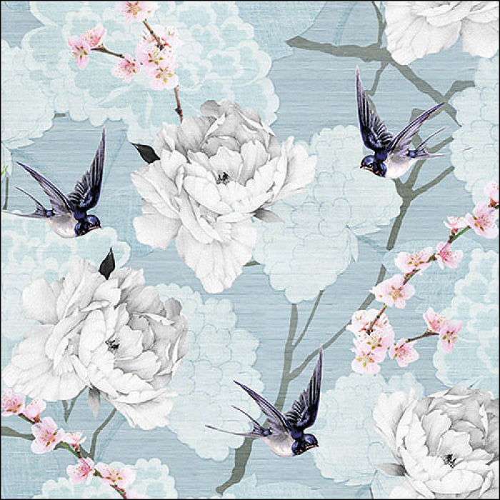 white blossoms with birds on blue Decoupage Napkins