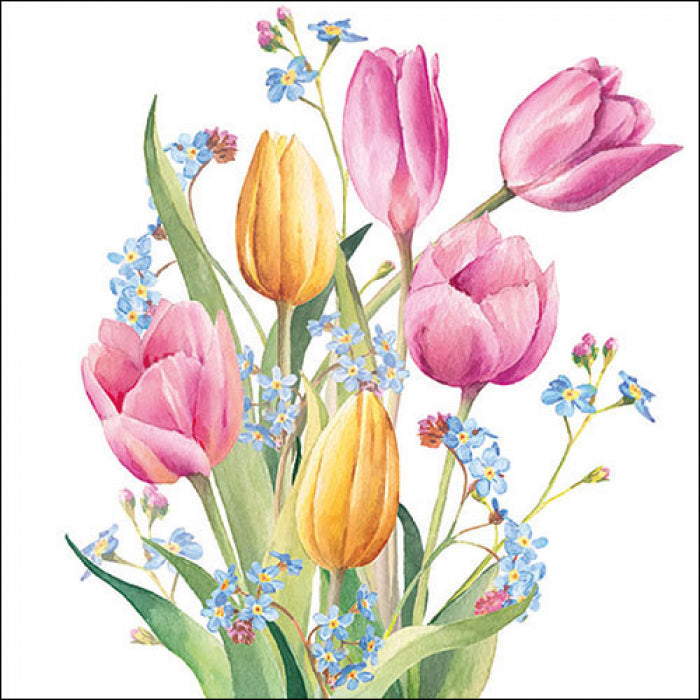 red, yellow and pink tulips with small blue flowers Decoupage Napkins