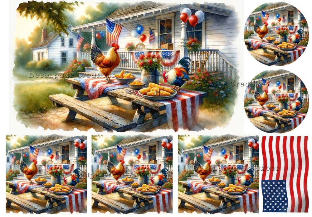 multiple scenes of chickens eating corn of a 4th of july decorated picnic table decoupage paper by Decoupage Creatives