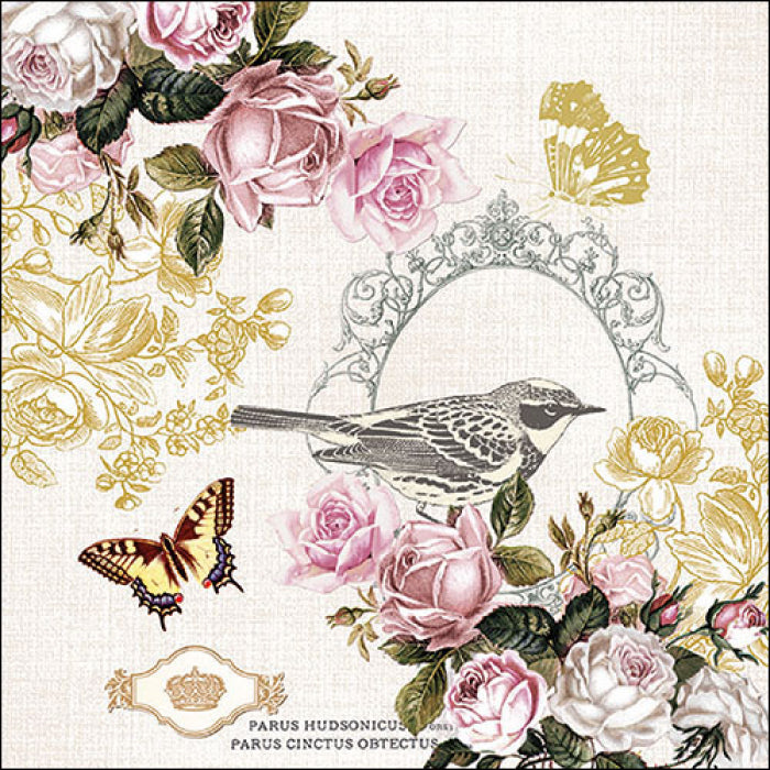 grey bird and yellow butterflies with pink roses Decoupage Napkins