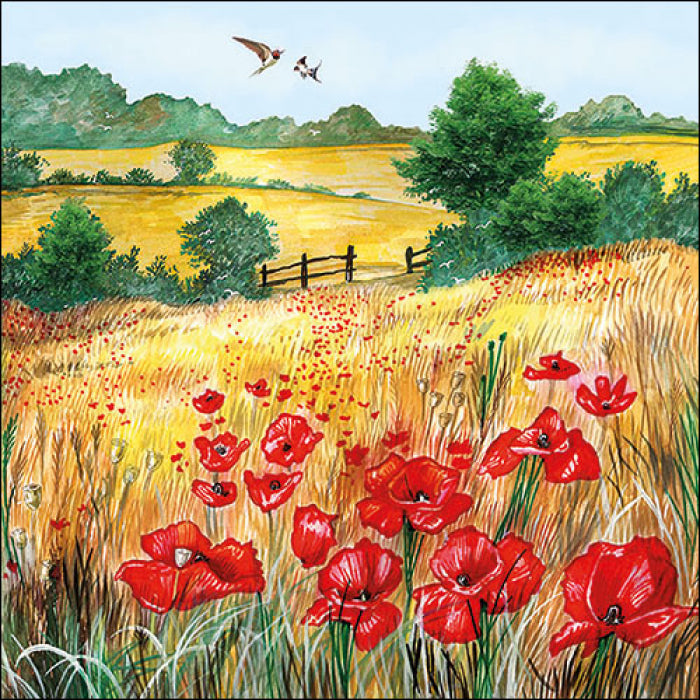 fields of golden wheat and red poppies with birds Decoupage Napkins