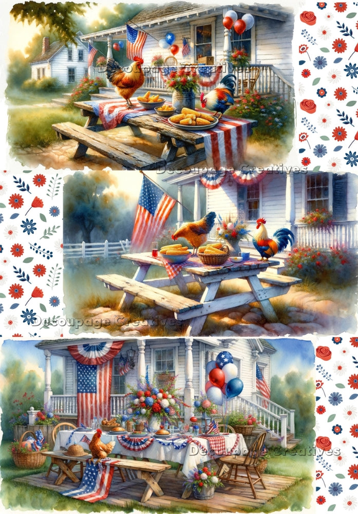 a colorful rooster and hen on a july 4th decorated picnic table pecking at the corn decoupage paper by Decoupage Creatives