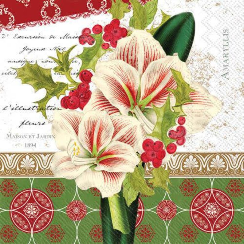 white poinsettia with holly and berris on vintage script paper Decoupage Napkins