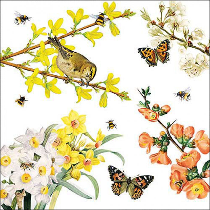 yellow bird on branch with yellow flowers and white daffodils with bees and butterflies  Decoupage Napkins
