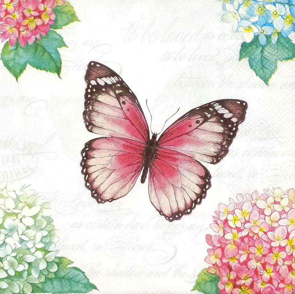 purple butterfly with red, pink blue and white blossoms