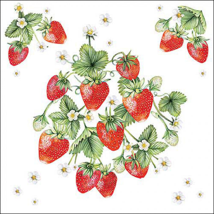 red strawberries on white with green leaves  Decoupage Napkins