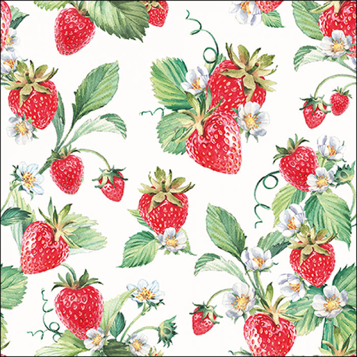 red strawberries on vines with white blossoms  Decoupage Napkins