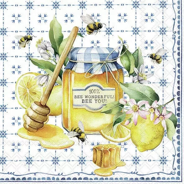 honey jar and  bees on blue and white measuring table pattern  Decoupage Napkins