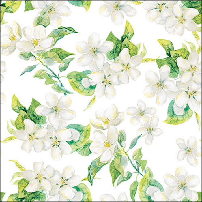 white blossoms and green leaves on white  Decoupage Napkins