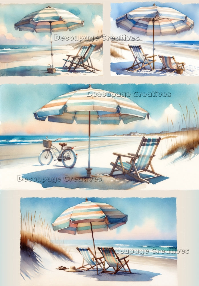 a beautiful day at the beach with a chair an umberella decoupage paper by Decoupage Creatives