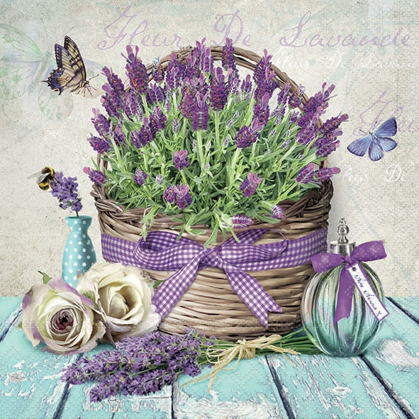 Lavender flowers in brown basket with white roses Decoupage Napkins