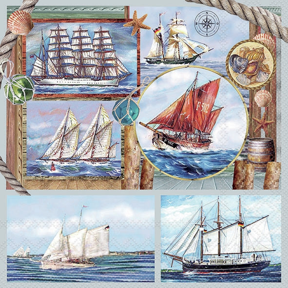 Nautical scenes of windjammer sailing ships on blue  Decoupage Napkins