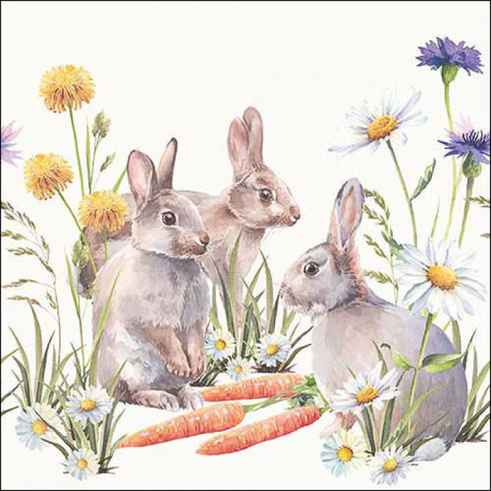 3 rabbits with orange carrots wild flowers in yellow blue and white  Decoupage Napkins