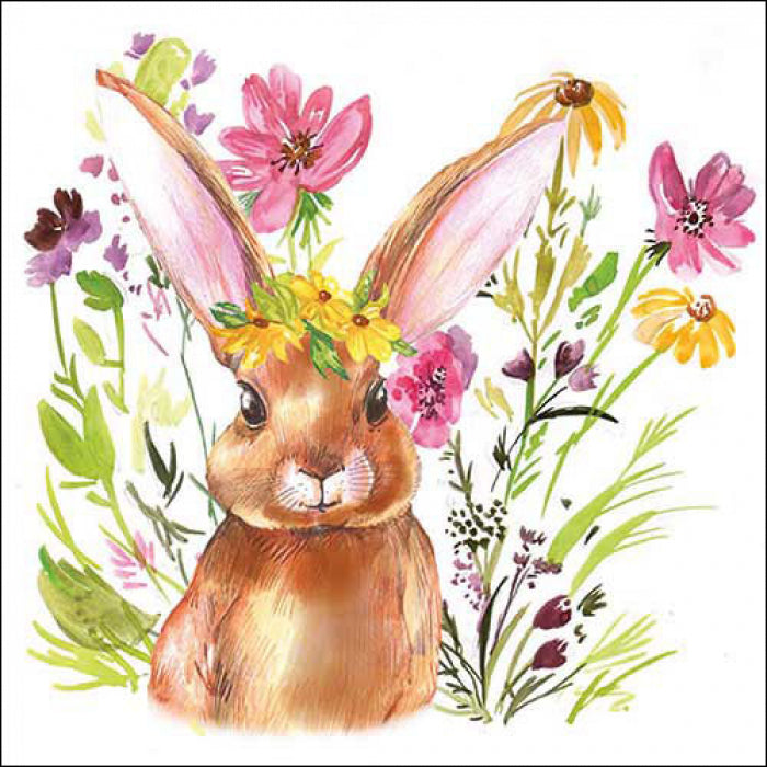 brown bunny with yellow flower crown and red blooms  Decoupage Napkins