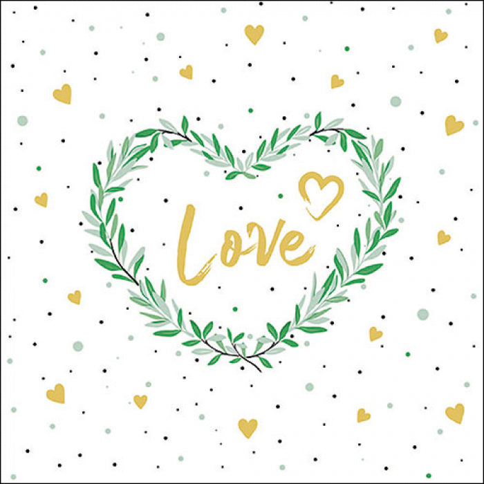 green heart shaped  wreath of leaves with gold hearts and love   Decoupage Napkins