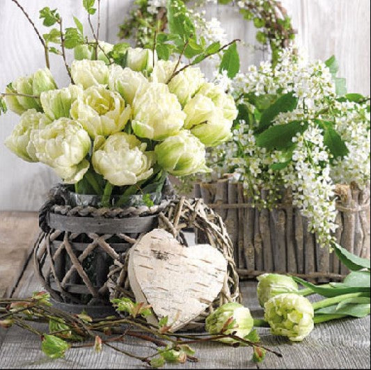 light green flowers in baskets with white blooms  Decoupage Napkins
