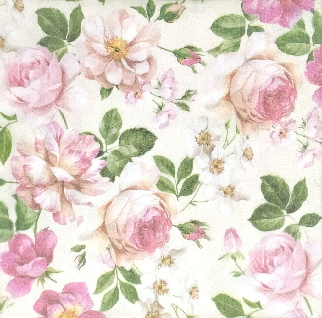 pink roses and white blossoms on cream  Decoupage Napkins