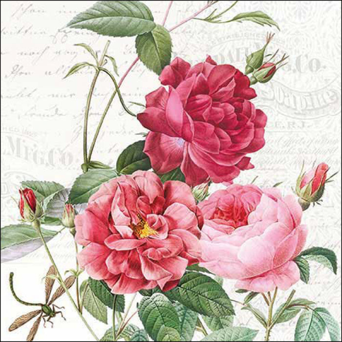 Red and pink blossoms on white paper with vintaged script  Decoupage Napkins