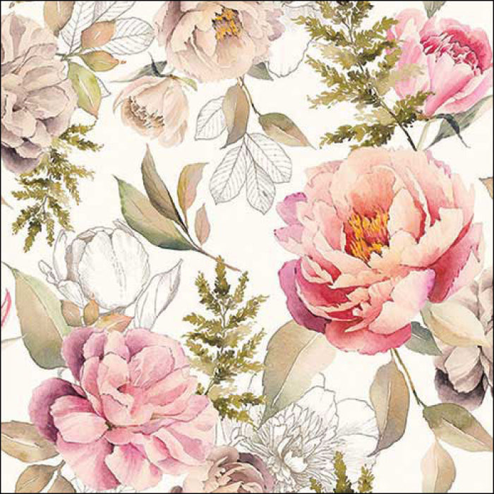 Pink peonies and leaves  on cream  Decoupage Napkins