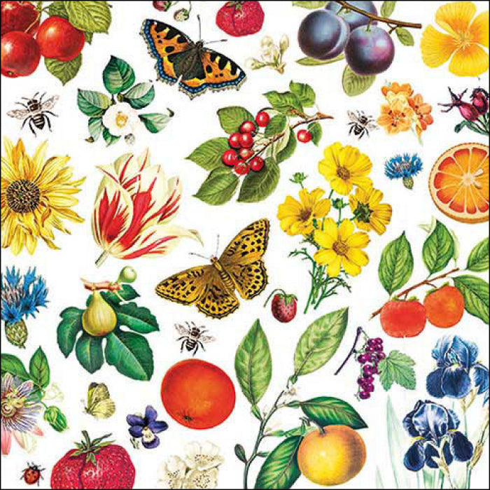 buterflies , oranges, red strawberries , red cherries and flowers  Decoupage Napkins