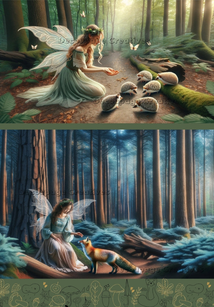 2 images of forest fairies kneeling by hedgehog and fox. decoupage paper by Decouape Creatives