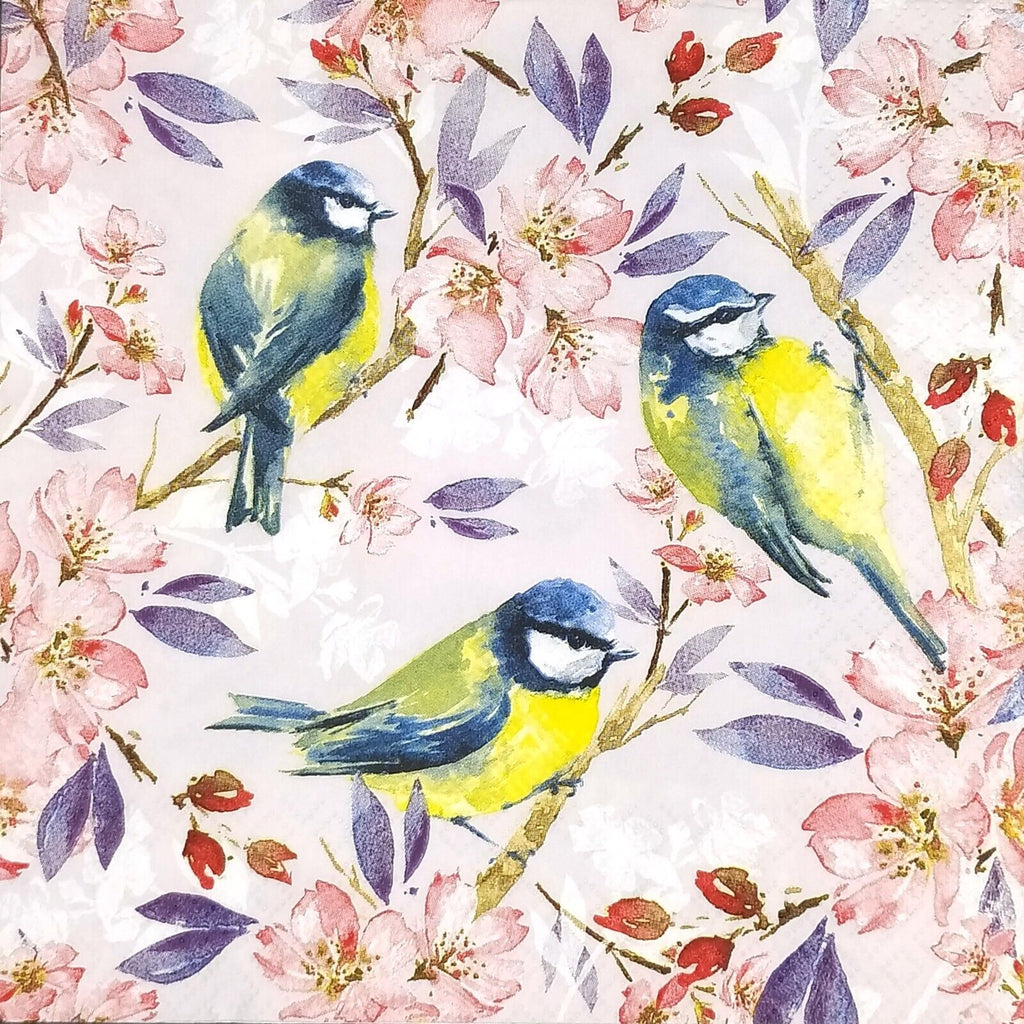 yellow and blue birds on twigs with pink blossoms on rose  Decoupage Napkins