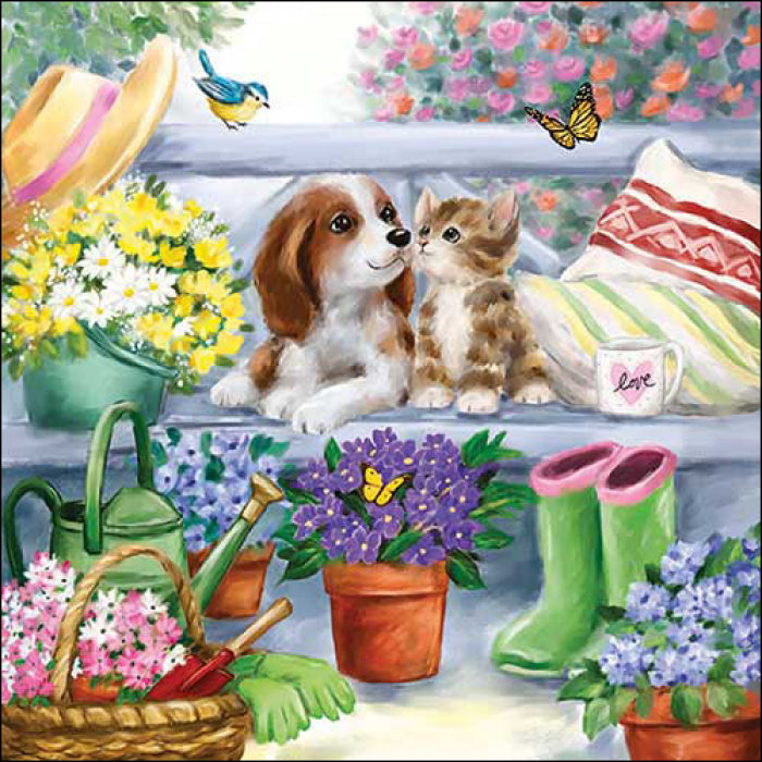 brown and white puppy with tabby cat with flowers, blue bird and butterflies  Decoupage Napkins
