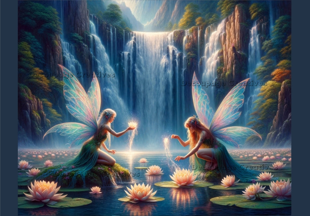 two water fairies at night using magic in front of a waterfall decoupage paper by Decoupage Creatives