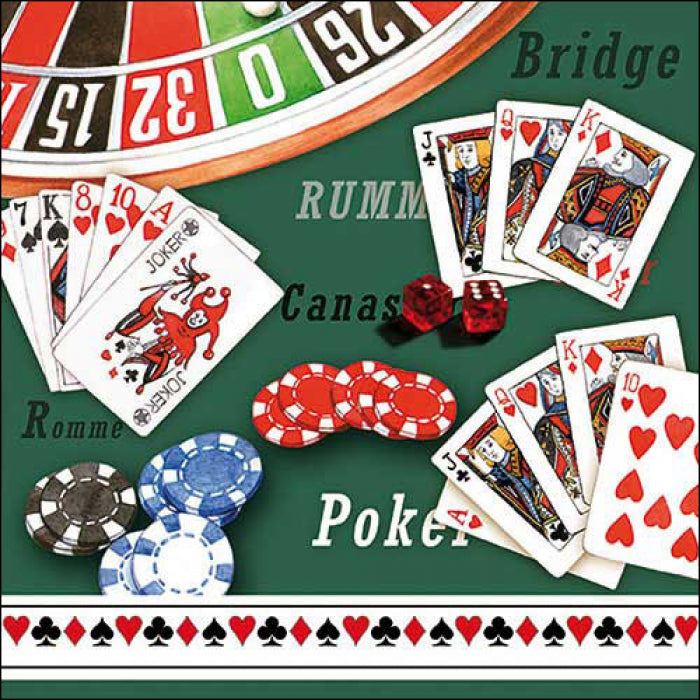poker cards and roulette wheel on green card table  Decoupage Napkins