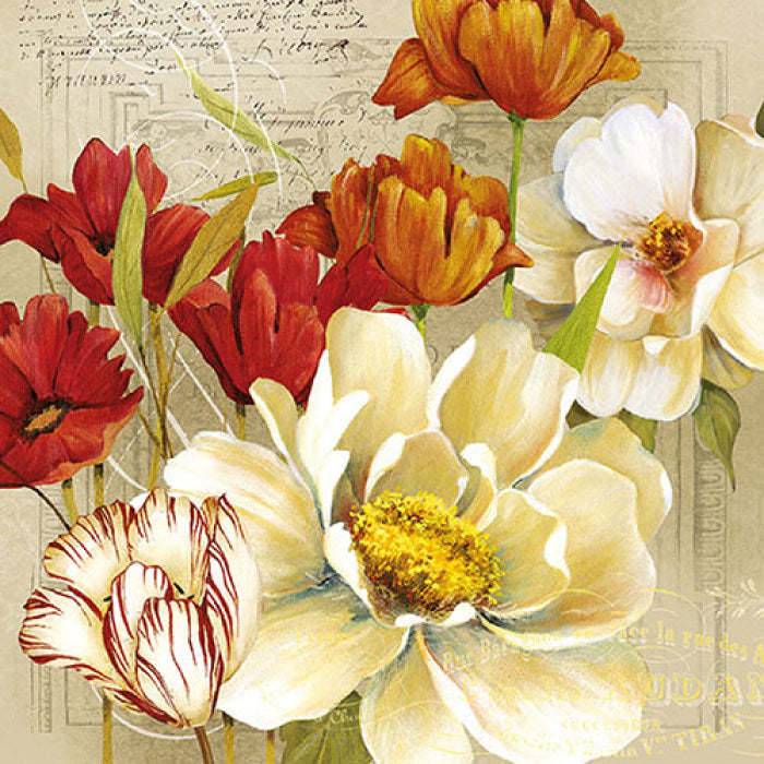 yellow, white and  red blossoms on vintage paper with script Decoupage Napkins